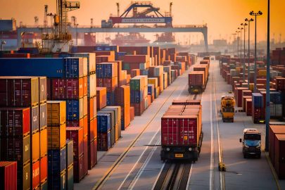 Container truck in ship port for business Logistics and transportation, generative ai